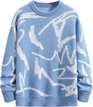 ZAFUL Men's Oversized Sweater Long Sleeve Crewneck Y2K Graphic Color Block Casual Knitted Pullover Sweater