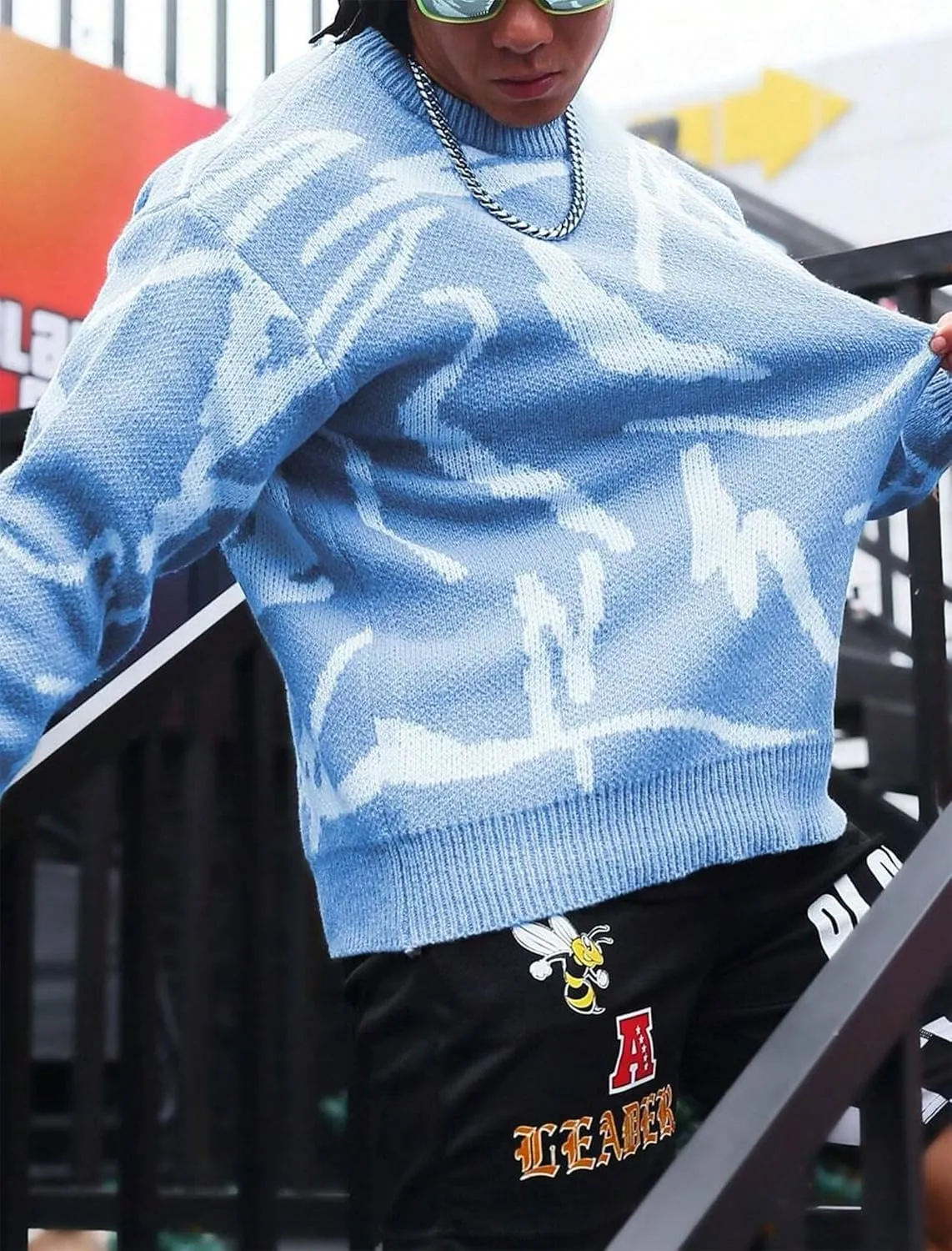 ZAFUL Men's Oversized Sweater Long Sleeve Crewneck Y2K Graphic Color Block Casual Knitted Pullover Sweater
